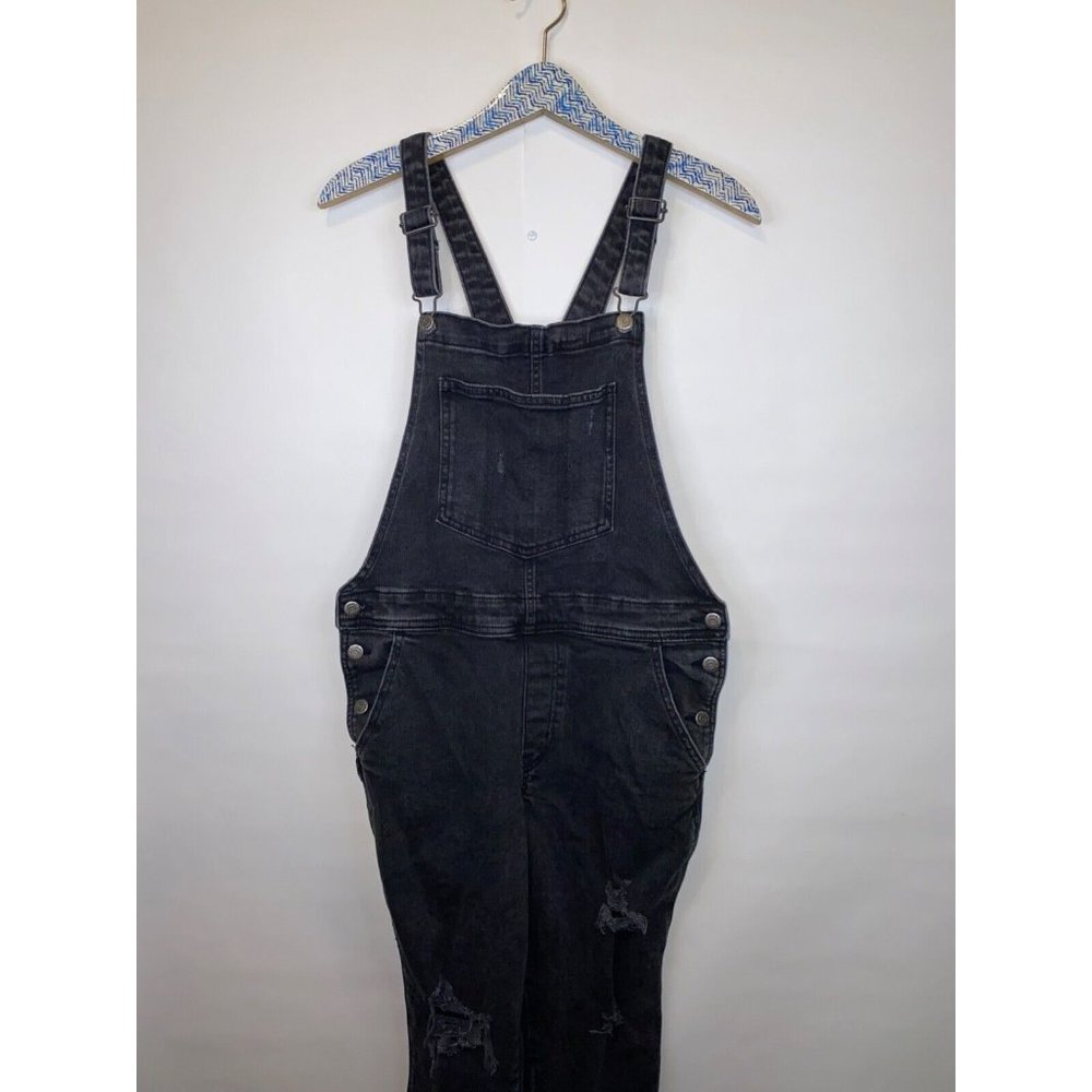 Old Navy Women's Size 12 Petite OG Straight Black Ripped Jean Overalls GUC - Picture 3 of 8
